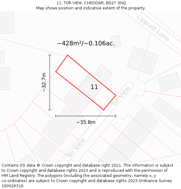 11, TOR VIEW, CHEDDAR, BS27 3NQ: Plot and title map