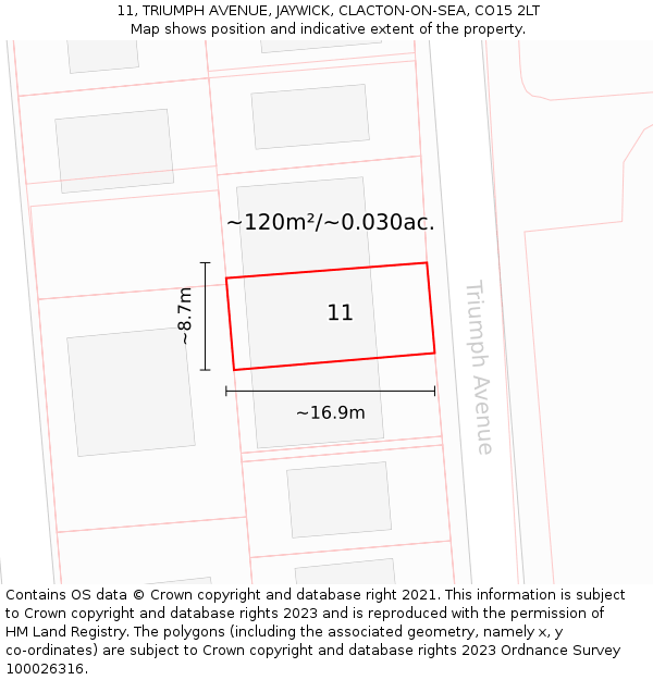 11, TRIUMPH AVENUE, JAYWICK, CLACTON-ON-SEA, CO15 2LT: Plot and title map