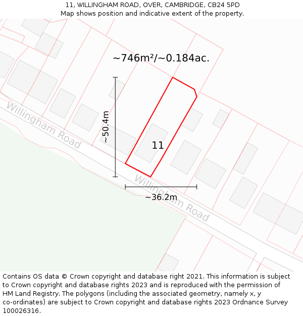11, WILLINGHAM ROAD, OVER, CAMBRIDGE, CB24 5PD: Plot and title map