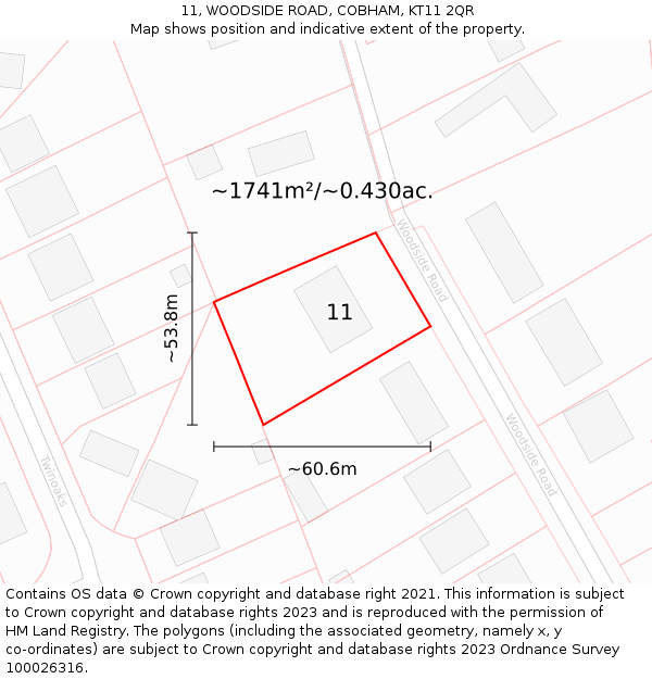 11, WOODSIDE ROAD, COBHAM, KT11 2QR: Plot and title map