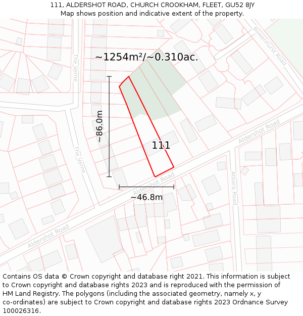 111, ALDERSHOT ROAD, CHURCH CROOKHAM, FLEET, GU52 8JY: Plot and title map