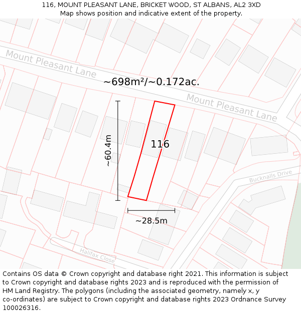 116, MOUNT PLEASANT LANE, BRICKET WOOD, ST ALBANS, AL2 3XD: Plot and title map