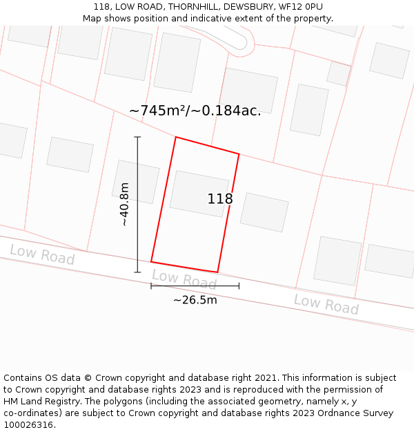 118, LOW ROAD, THORNHILL, DEWSBURY, WF12 0PU: Plot and title map