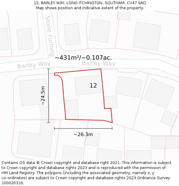 12, BARLEY WAY, LONG ITCHINGTON, SOUTHAM, CV47 9AD: Plot and title map