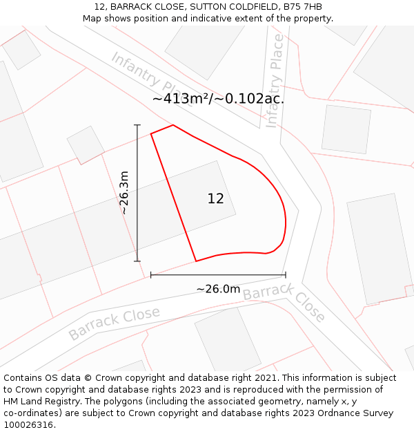 12, BARRACK CLOSE, SUTTON COLDFIELD, B75 7HB: Plot and title map