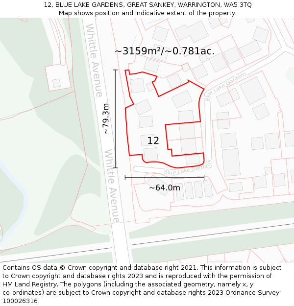12, BLUE LAKE GARDENS, GREAT SANKEY, WARRINGTON, WA5 3TQ: Plot and title map