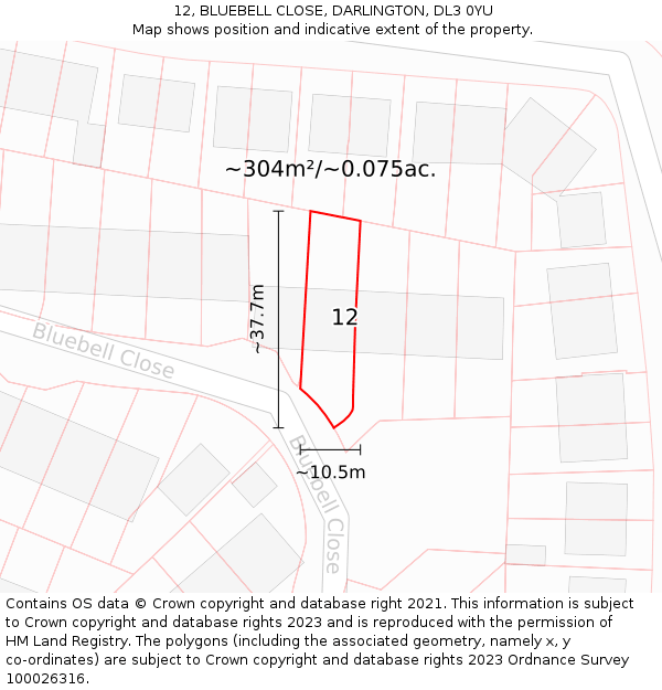 12, BLUEBELL CLOSE, DARLINGTON, DL3 0YU: Plot and title map