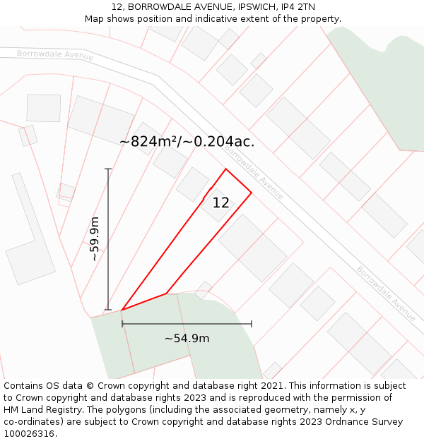 12, BORROWDALE AVENUE, IPSWICH, IP4 2TN: Plot and title map