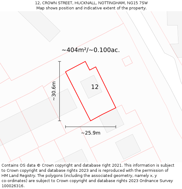 12, CROWN STREET, HUCKNALL, NOTTINGHAM, NG15 7SW: Plot and title map