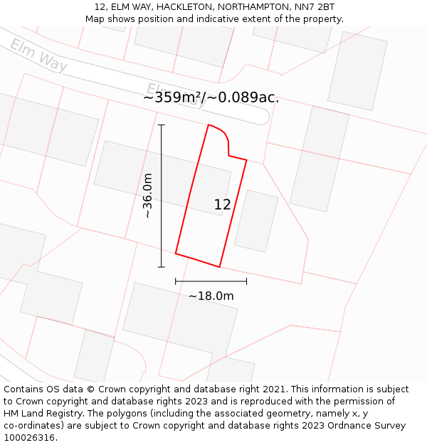 12, ELM WAY, HACKLETON, NORTHAMPTON, NN7 2BT: Plot and title map