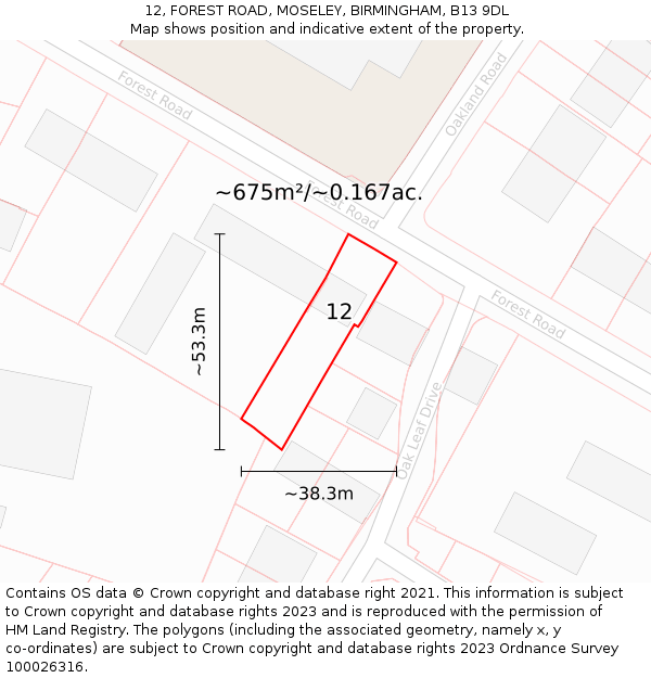 12, FOREST ROAD, MOSELEY, BIRMINGHAM, B13 9DL: Plot and title map