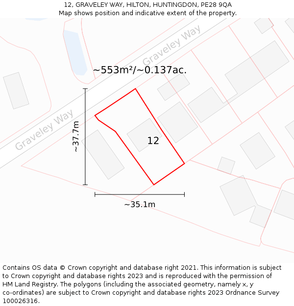 12, GRAVELEY WAY, HILTON, HUNTINGDON, PE28 9QA: Plot and title map