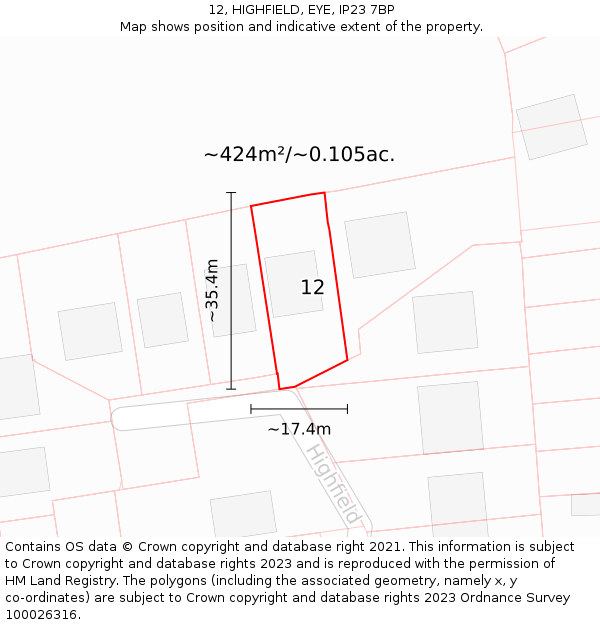 12, HIGHFIELD, EYE, IP23 7BP: Plot and title map