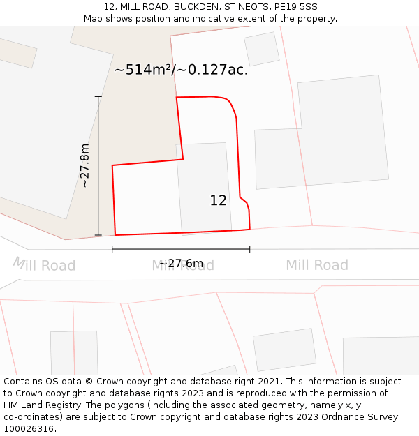 12, MILL ROAD, BUCKDEN, ST NEOTS, PE19 5SS: Plot and title map