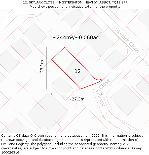 12, SKYLARK CLOSE, KINGSTEIGNTON, NEWTON ABBOT, TQ12 3RF: Plot and title map