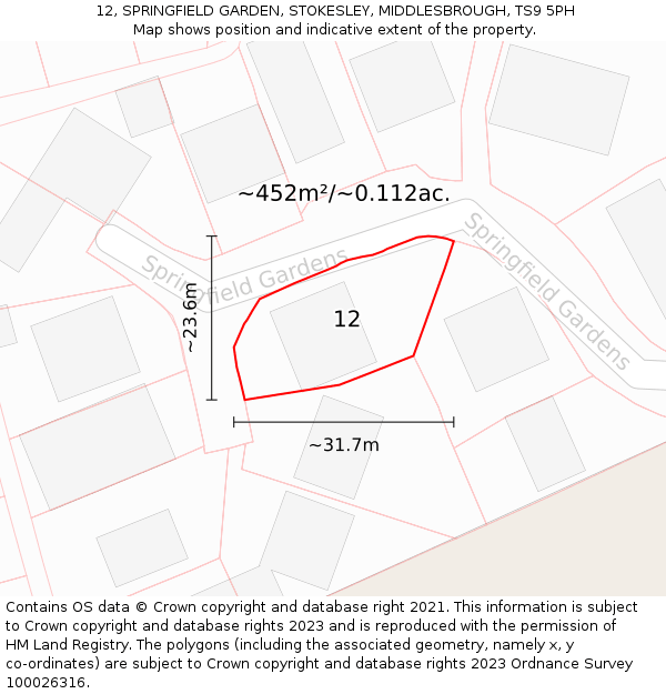 12, SPRINGFIELD GARDEN, STOKESLEY, MIDDLESBROUGH, TS9 5PH: Plot and title map