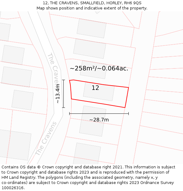 12, THE CRAVENS, SMALLFIELD, HORLEY, RH6 9QS: Plot and title map