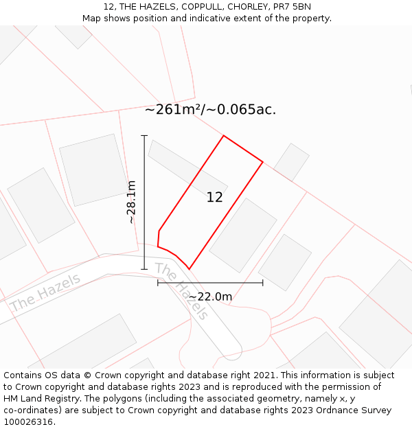 12, THE HAZELS, COPPULL, CHORLEY, PR7 5BN: Plot and title map