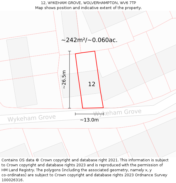12, WYKEHAM GROVE, WOLVERHAMPTON, WV6 7TP: Plot and title map