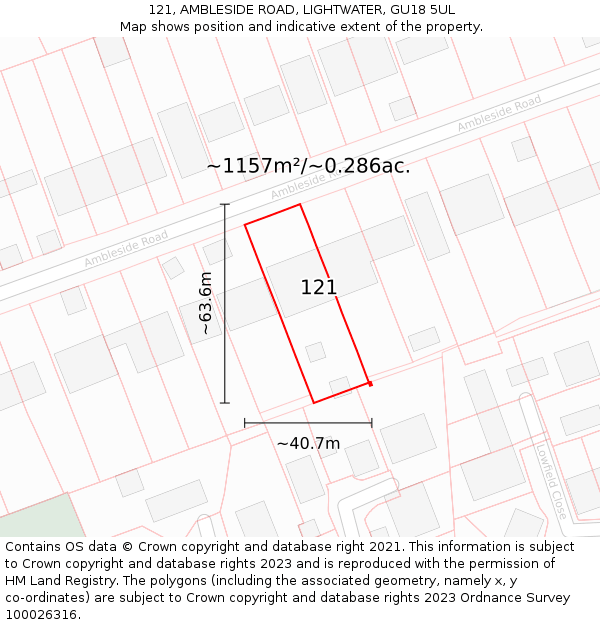 121, AMBLESIDE ROAD, LIGHTWATER, GU18 5UL: Plot and title map