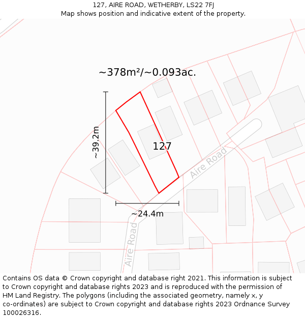 127, AIRE ROAD, WETHERBY, LS22 7FJ: Plot and title map