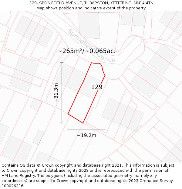 129, SPRINGFIELD AVENUE, THRAPSTON, KETTERING, NN14 4TN: Plot and title map