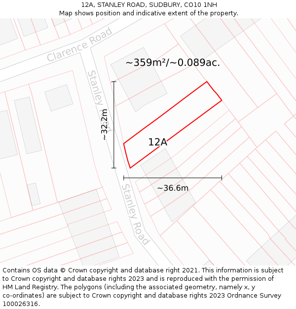 12A, STANLEY ROAD, SUDBURY, CO10 1NH: Plot and title map