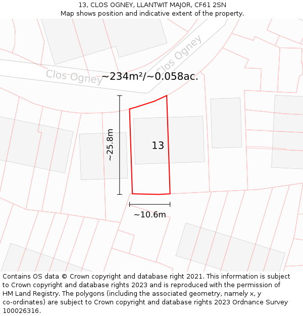 13, CLOS OGNEY, LLANTWIT MAJOR, CF61 2SN: Plot and title map