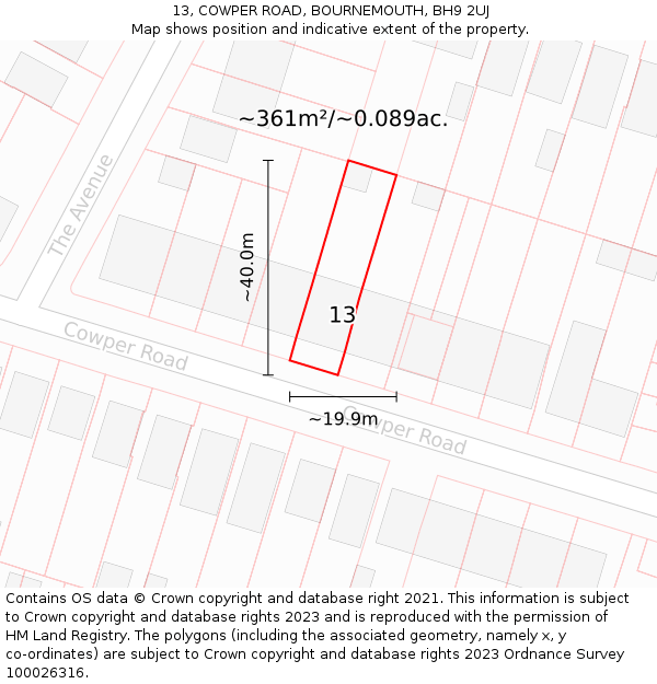 13, COWPER ROAD, BOURNEMOUTH, BH9 2UJ: Plot and title map