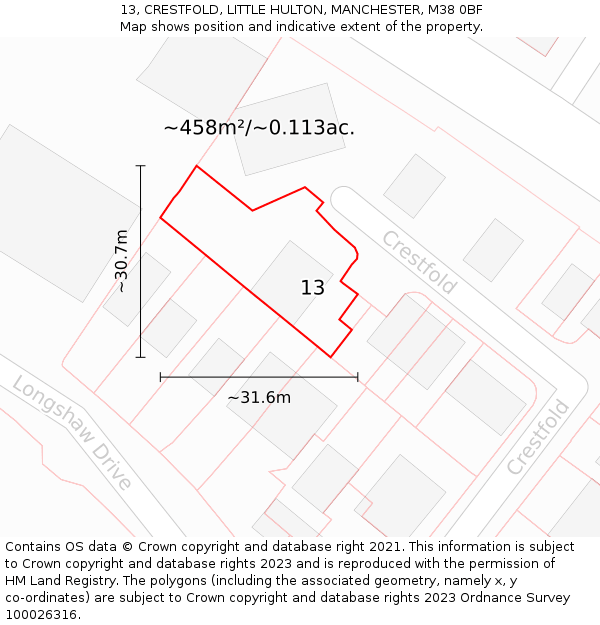 13, CRESTFOLD, LITTLE HULTON, MANCHESTER, M38 0BF: Plot and title map
