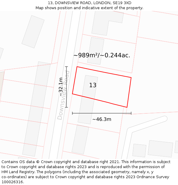13, DOWNSVIEW ROAD, LONDON, SE19 3XD: Plot and title map