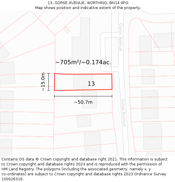 13, GORSE AVENUE, WORTHING, BN14 9PG: Plot and title map