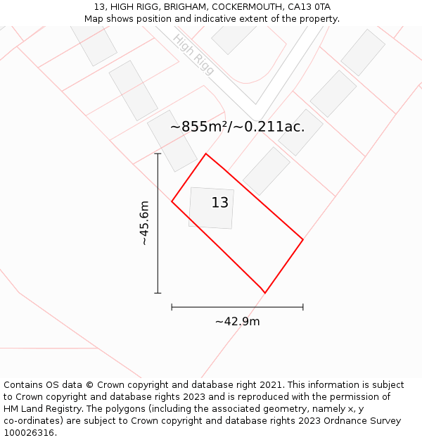 13, HIGH RIGG, BRIGHAM, COCKERMOUTH, CA13 0TA: Plot and title map