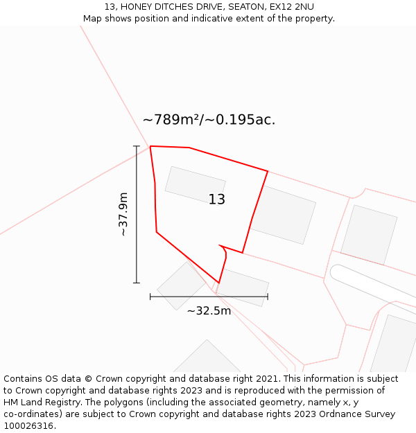 13, HONEY DITCHES DRIVE, SEATON, EX12 2NU: Plot and title map