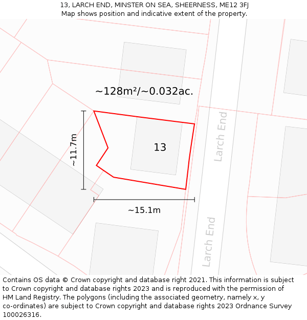 13, LARCH END, MINSTER ON SEA, SHEERNESS, ME12 3FJ: Plot and title map