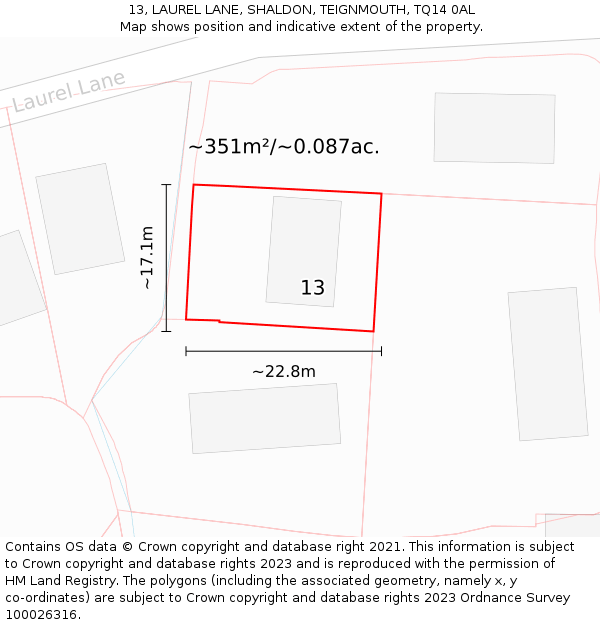 13, LAUREL LANE, SHALDON, TEIGNMOUTH, TQ14 0AL: Plot and title map