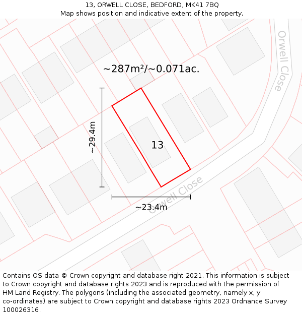 13, ORWELL CLOSE, BEDFORD, MK41 7BQ: Plot and title map