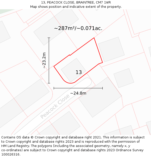 13, PEACOCK CLOSE, BRAINTREE, CM7 1WR: Plot and title map