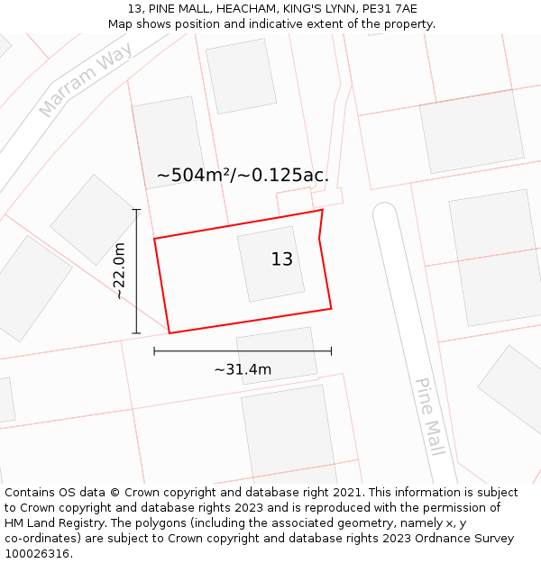 13, PINE MALL, HEACHAM, KING'S LYNN, PE31 7AE: Plot and title map