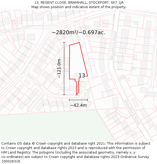 13, REGENT CLOSE, BRAMHALL, STOCKPORT, SK7 1JA: Plot and title map