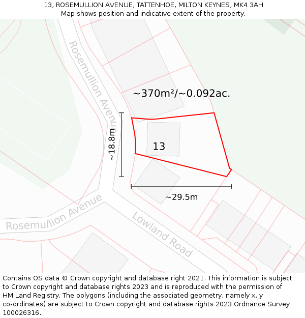 13, ROSEMULLION AVENUE, TATTENHOE, MILTON KEYNES, MK4 3AH: Plot and title map