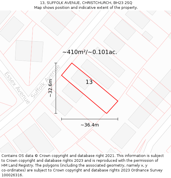 13, SUFFOLK AVENUE, CHRISTCHURCH, BH23 2SQ: Plot and title map