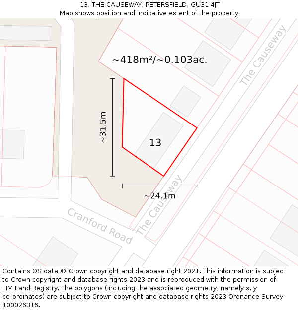 13, THE CAUSEWAY, PETERSFIELD, GU31 4JT: Plot and title map