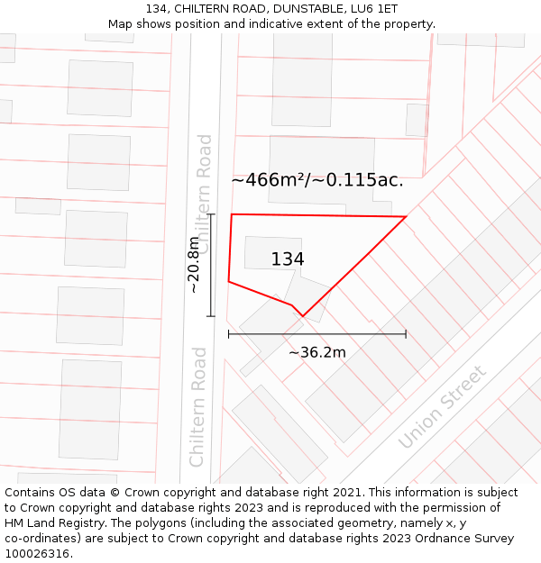 134, CHILTERN ROAD, DUNSTABLE, LU6 1ET: Plot and title map