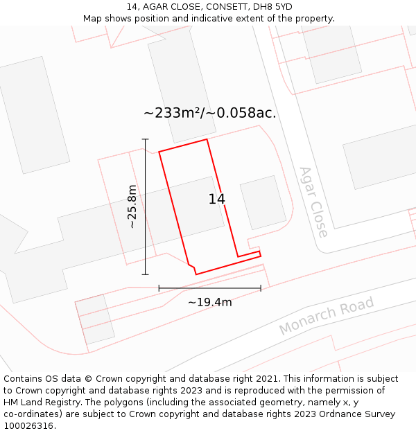 14, AGAR CLOSE, CONSETT, DH8 5YD: Plot and title map