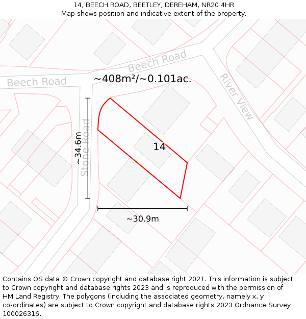 14, BEECH ROAD, BEETLEY, DEREHAM, NR20 4HR: Plot and title map