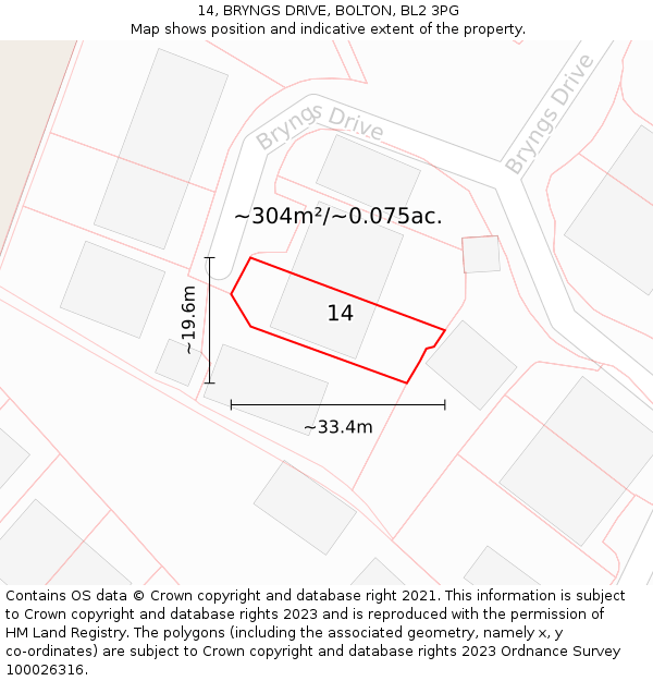 14, BRYNGS DRIVE, BOLTON, BL2 3PG: Plot and title map