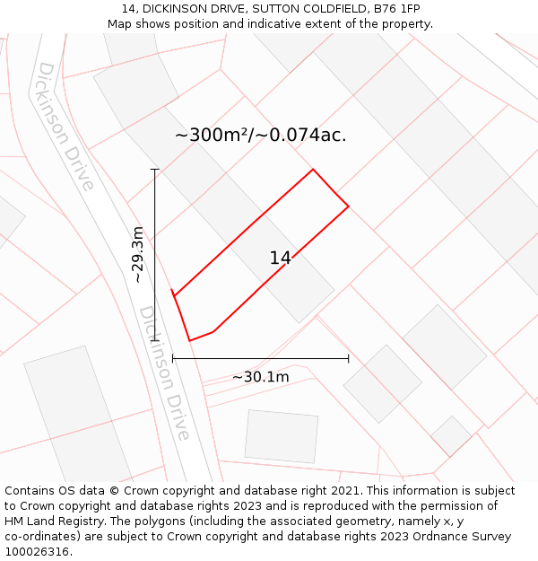 14, DICKINSON DRIVE, SUTTON COLDFIELD, B76 1FP: Plot and title map