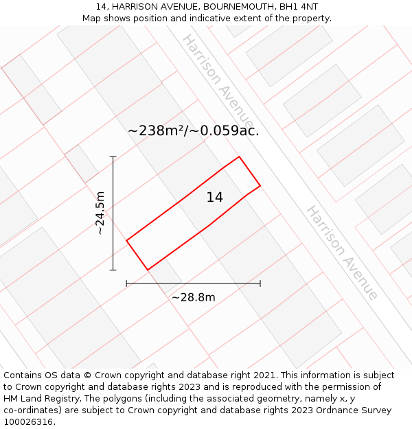 14, HARRISON AVENUE, BOURNEMOUTH, BH1 4NT: Plot and title map