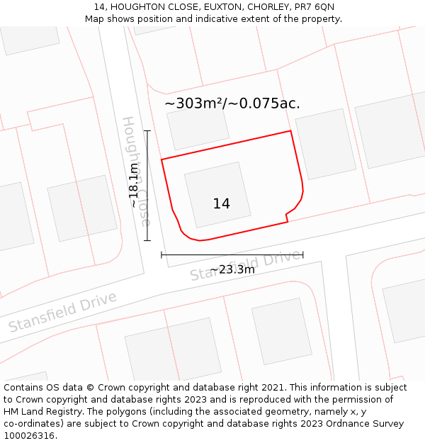 14, HOUGHTON CLOSE, EUXTON, CHORLEY, PR7 6QN: Plot and title map